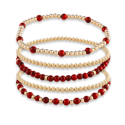 GOLD CLUB Signature Stack in Red Agate with five layered gold-filled bracelets, including gemstone styles and two classic gold accents.