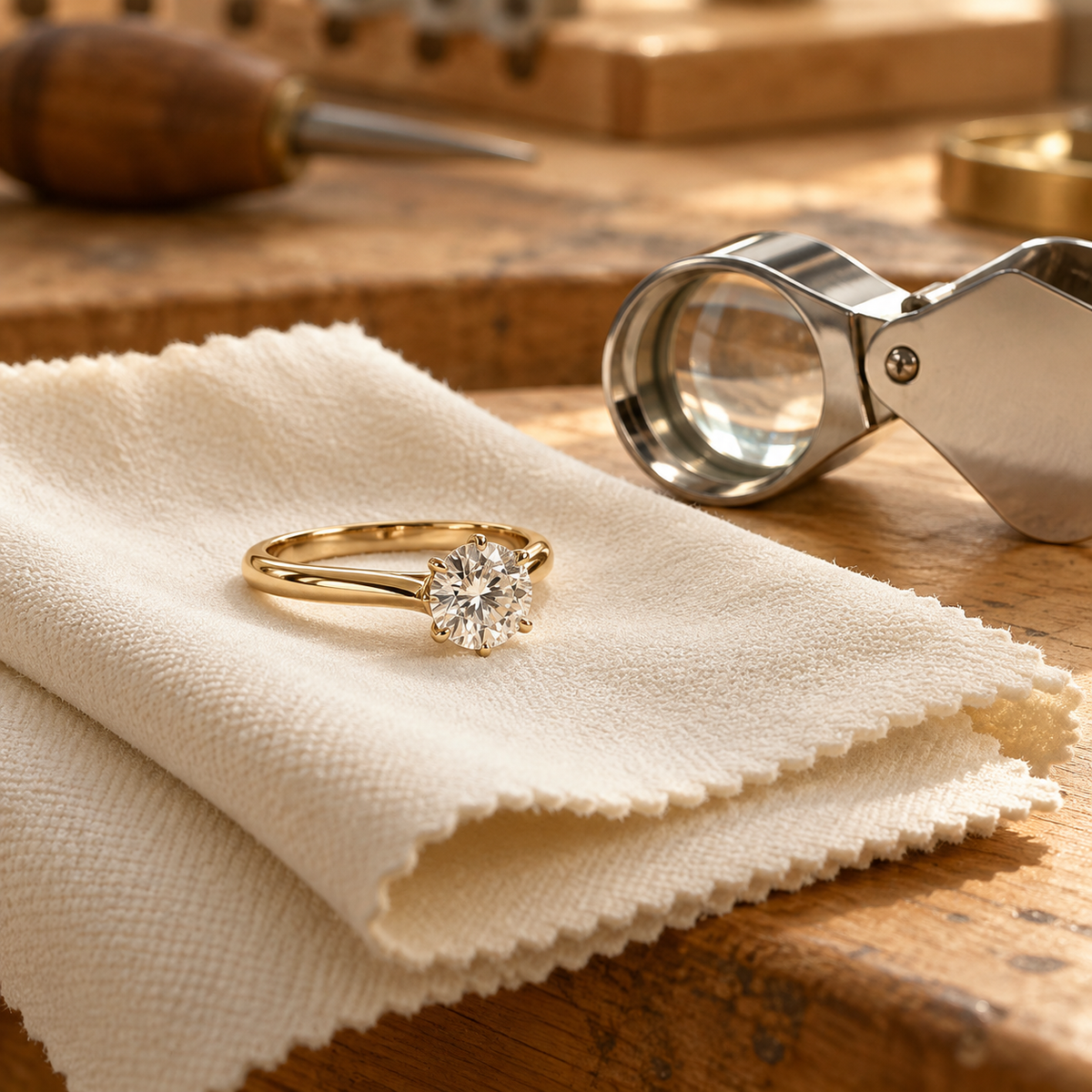 Gold diamond ring on a polishing cloth beside a jeweler’s loupe, illustrating jewelry care services.