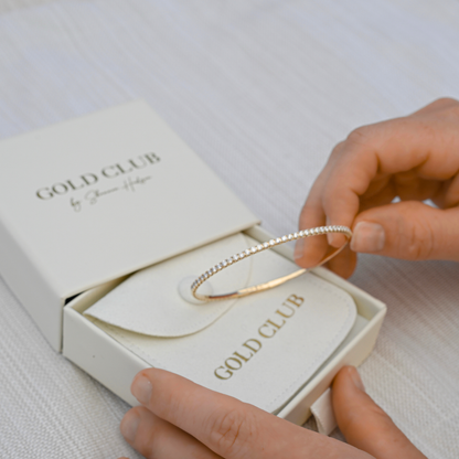 Signature Flex Bangle with lab-grown diamond presented in a drawer box on a light background, Gold Club by Shannon Hudson