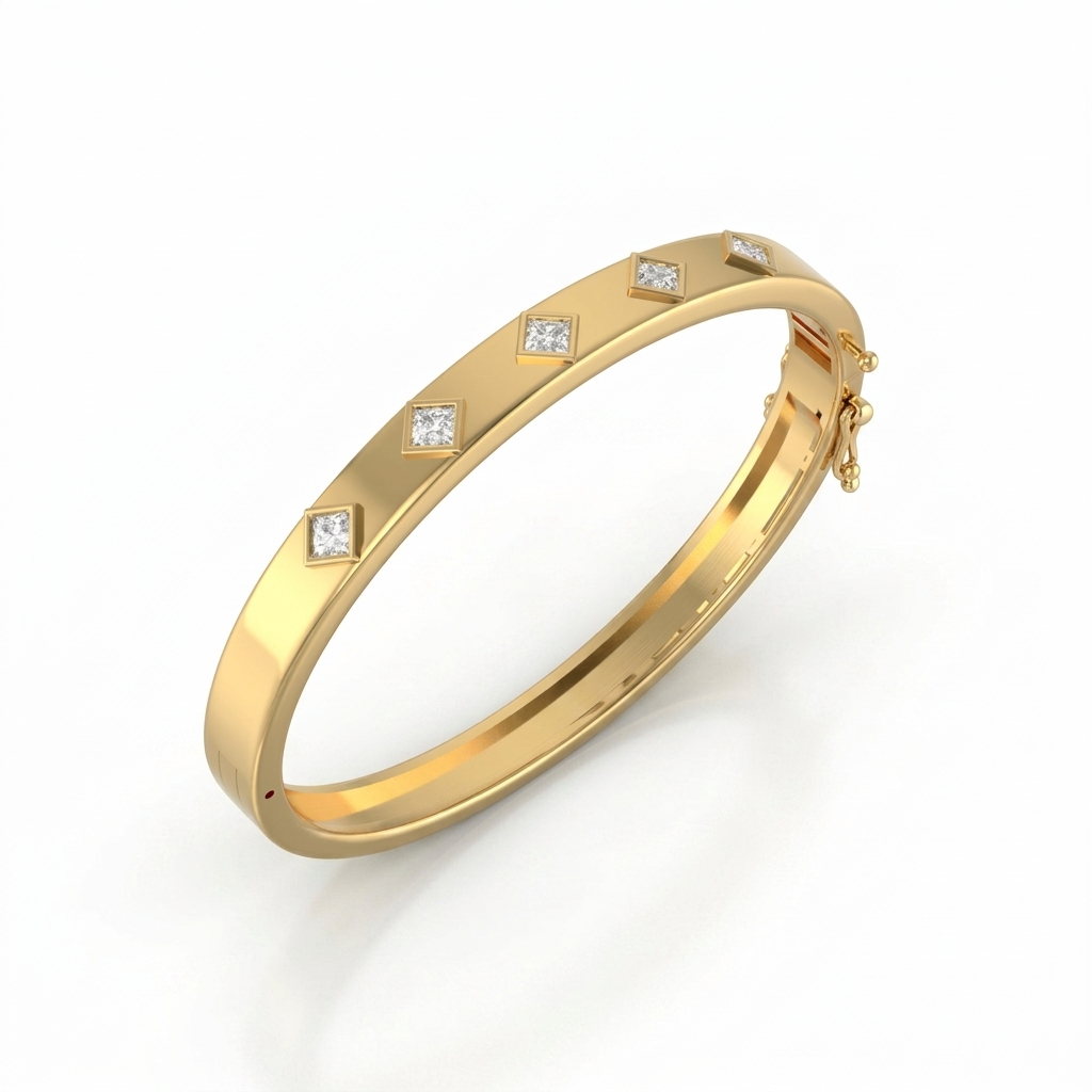 Gold Club Ever Bracelet. A solid gold hing bangle with 5 princess diamonds.