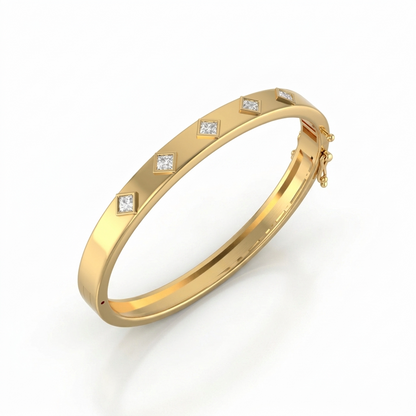 Gold Club Ever Bracelet. A solid gold hing bangle with 5 princess diamonds.