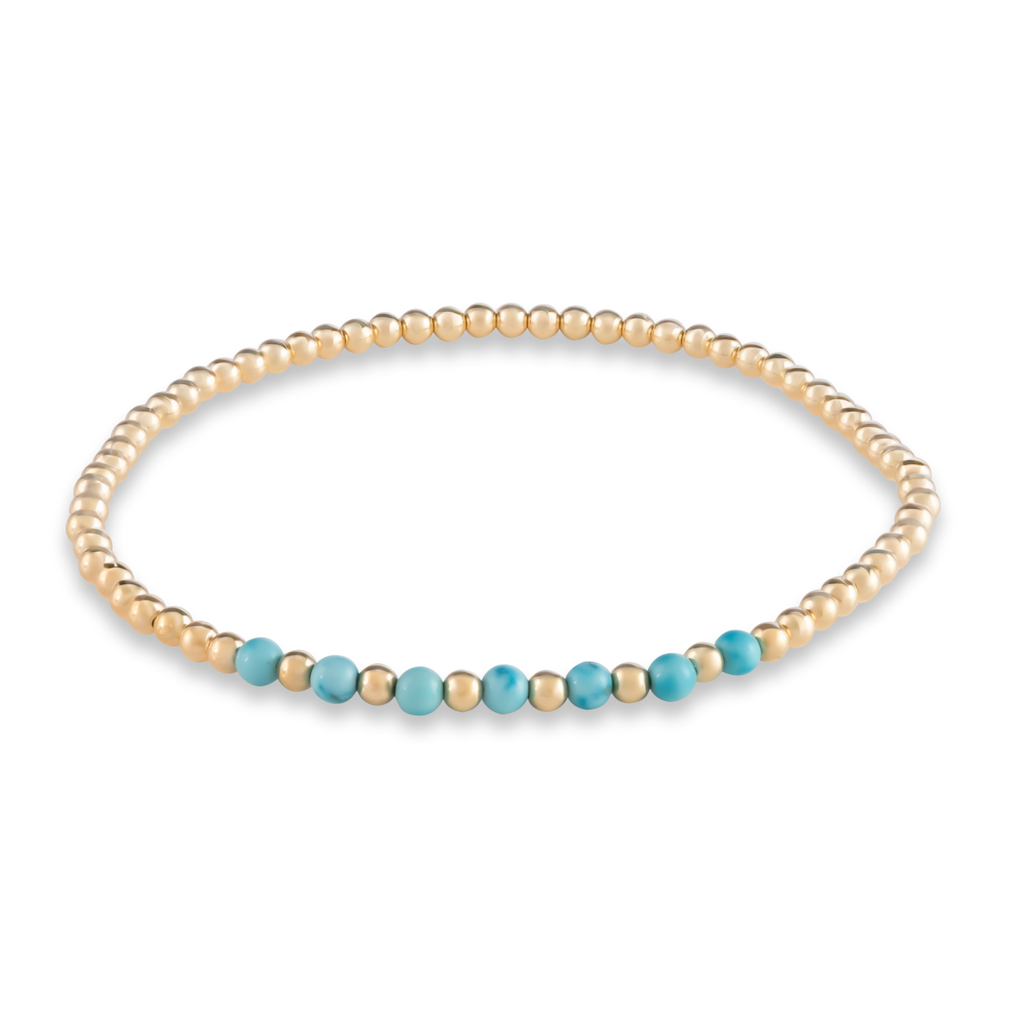 Clean digital rendering of the Turquoise Arc bracelet featuring a curved row of vivid turquoise beads framed by polished gold.
