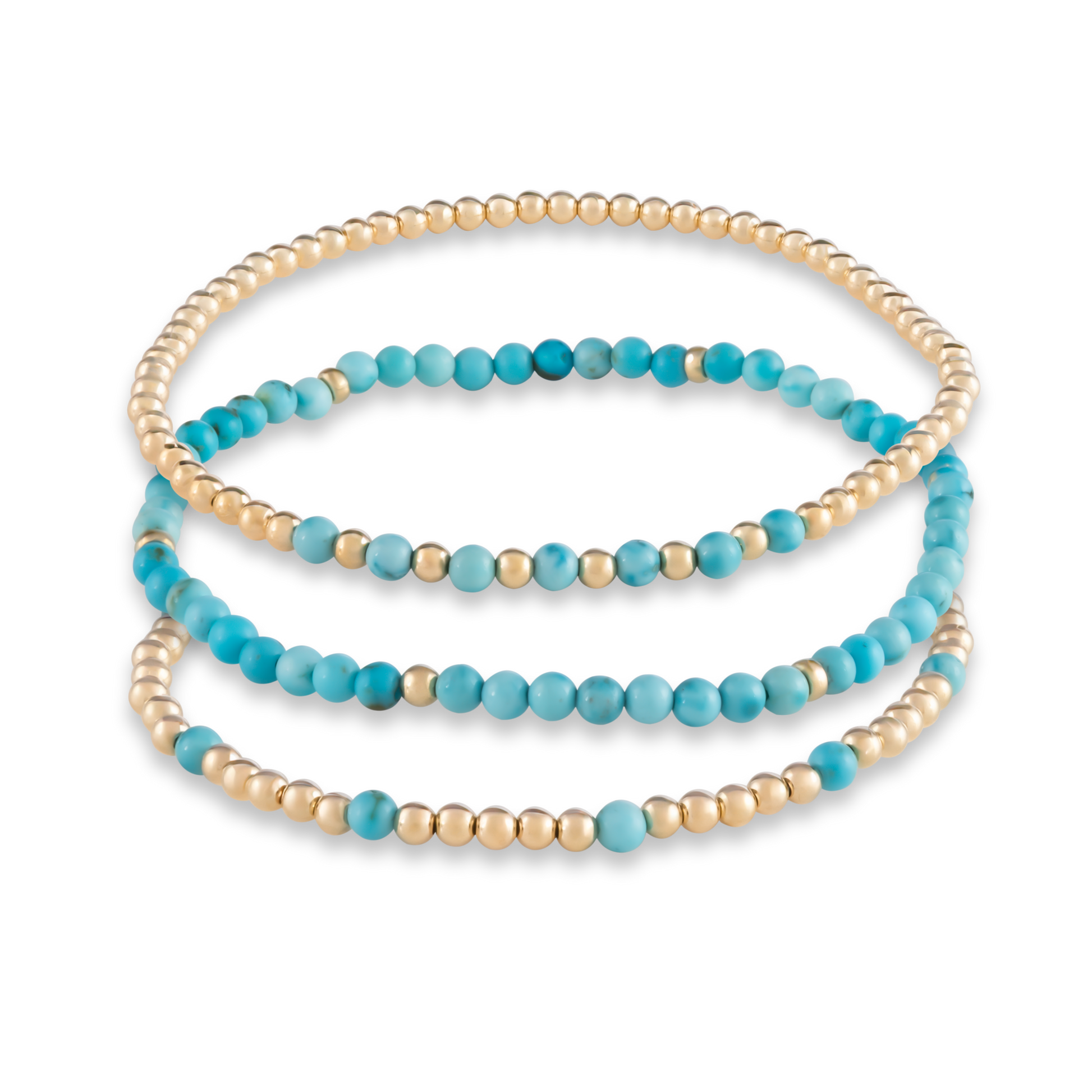Rendering of the Turquoise Mini Stack, a curated trio of gemstone and gold bracelets for intentional layering and statement simplicity.