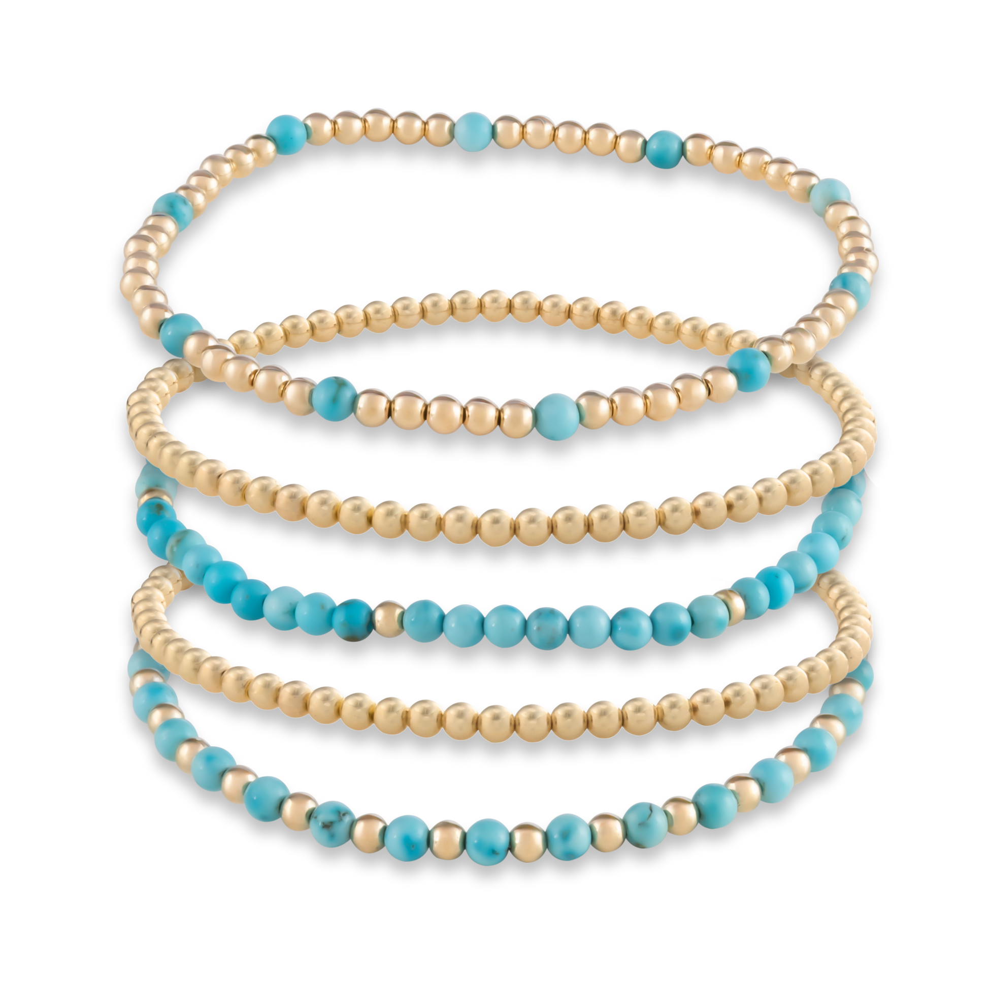 Digital rendering of the Turquoise Signature Stack, featuring five bold yet balanced bracelets in turquoise and gold-filled beads.